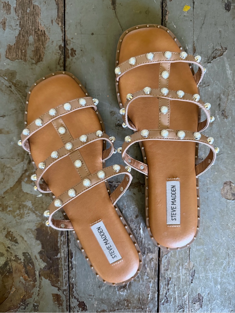 Steve Madden Tan Pearl-Studded Multi-Strap Slide Sandals